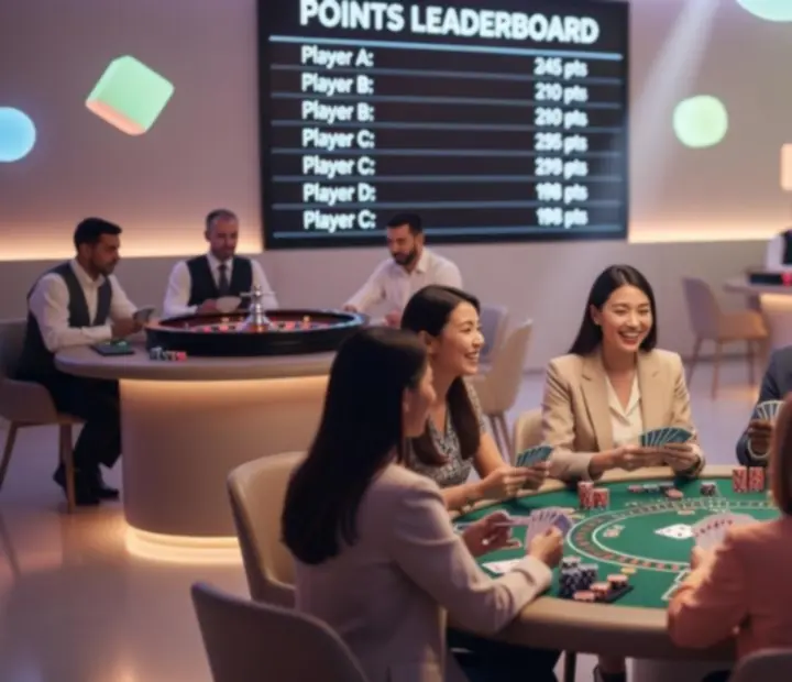 Prowadzący blackjacka tłumaczy zasady uśmiechniętym uczestnikom podczas kolorowego eventu