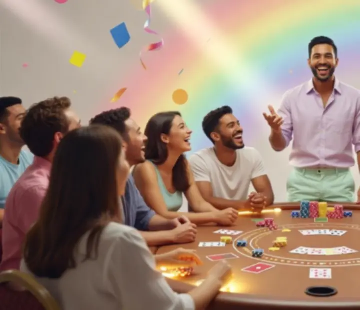 Kolorowy stół blackjack eventowy z uśmiechniętymi gośćmi podczas imprezy