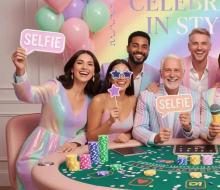 Uczestnicy robiący selfie przy kolorowym stole blackjack z eventową scenografią