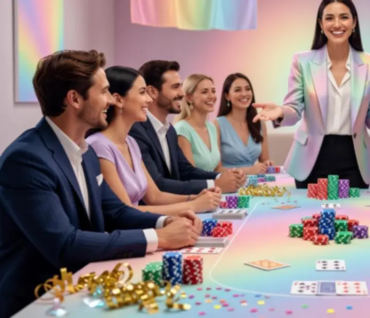 Kolorowy stół pokerowy przygotowany na firmowe wydarzenie