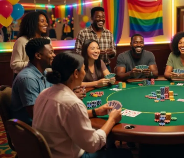 Goście bawiący się przy pokerowym stole podczas eventu